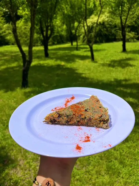 Porción de tarta en el jardín